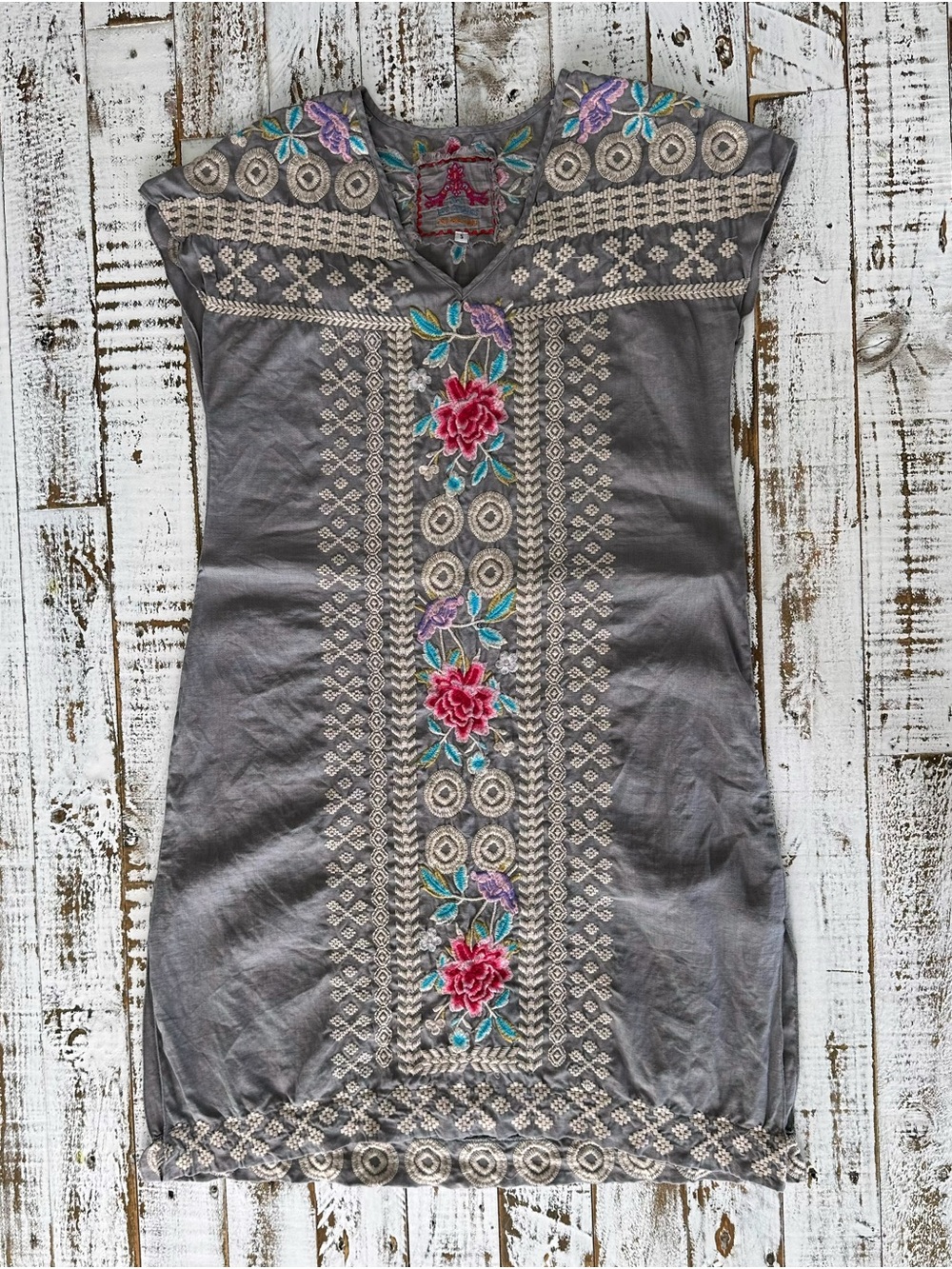 Johnny Was (JWLA) Embroidered Tunic Dress Gray Linen